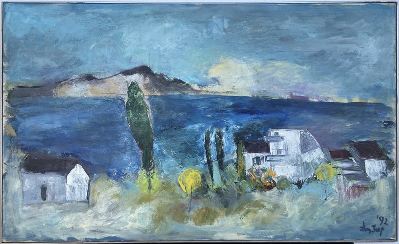 Expressionist oil picture Mediterranean island Crete in May Greece coast 100x60cm