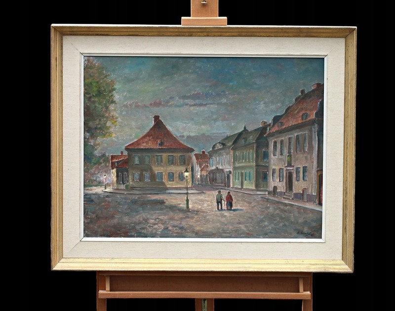 Old Town City View Marketplace Landscape Oil Painting on Canvas Framed Signed