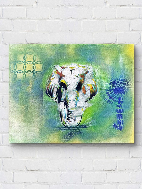 Original Elephant Painting 20×16 Acrylic Canvas Green Blue Contemporary Signed