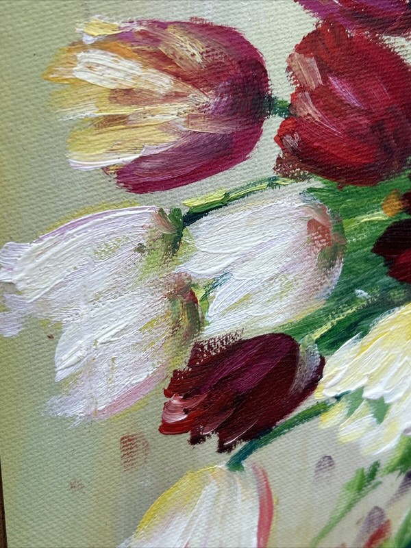 1960's Mid-Century Oil on Canvas Tulips in Vase Floral Still Life Framed Vtg Art gallery