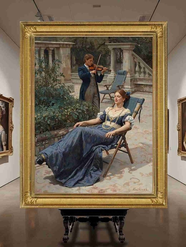 A work of art on canvas, a woman in architecture and ornamentation 55 x 73cm