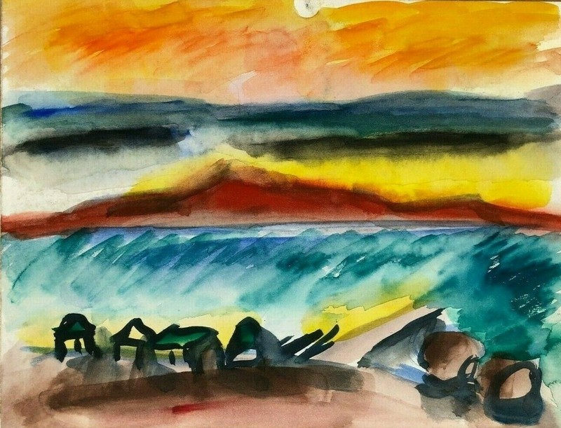 Houses Near the Water with Mountain Landscape W/C Painting-1960s-I.L. Winarsky