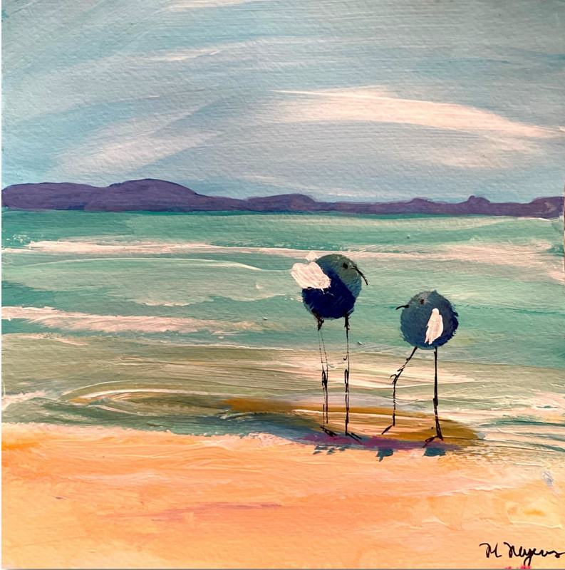 Mary Myers Original Beach Birds Abstract Expressionism 8x8 on cradled wood gallery