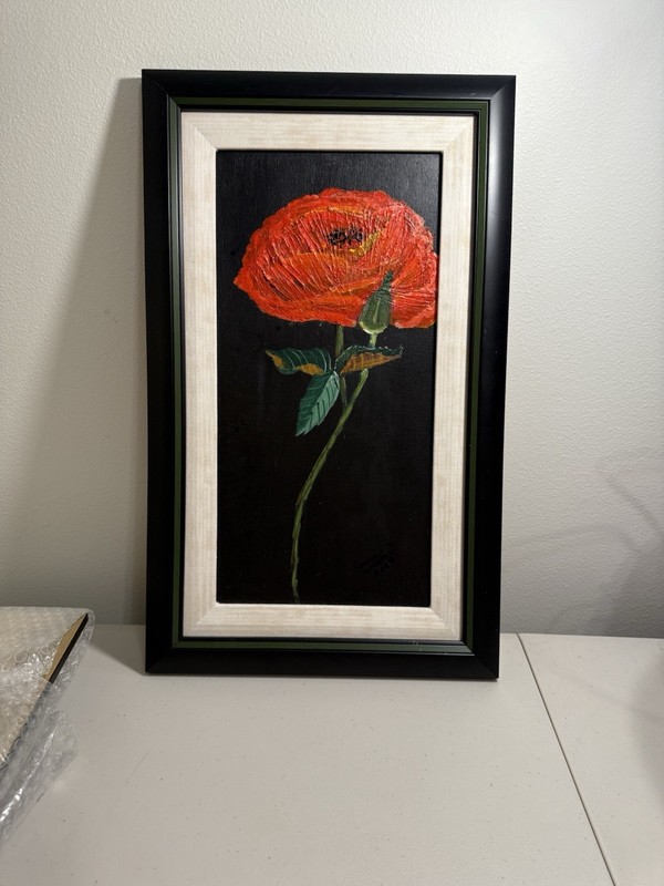 Beautiful Painting Of A Red Poppie Flower Dated 2003 Framed