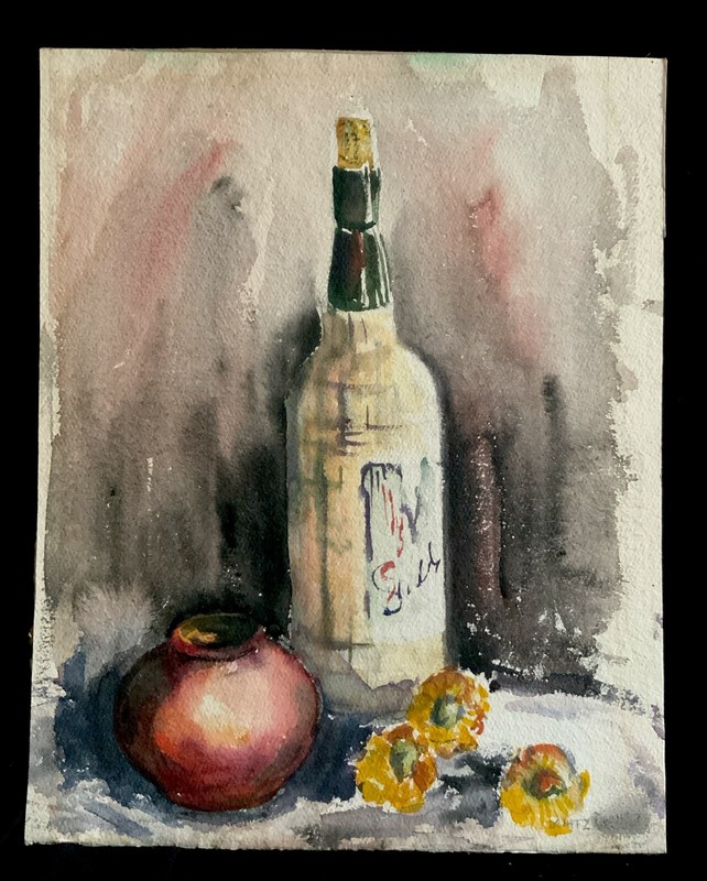 Original Unframed Watercolor «Madiera Bottle” 15 5/8”x12 3/8”Signed Denitz, Nice