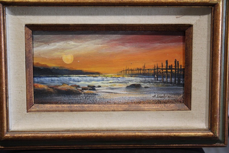 Ocean Sunset Pier Landscape Oil Painting Early 1970s gallery