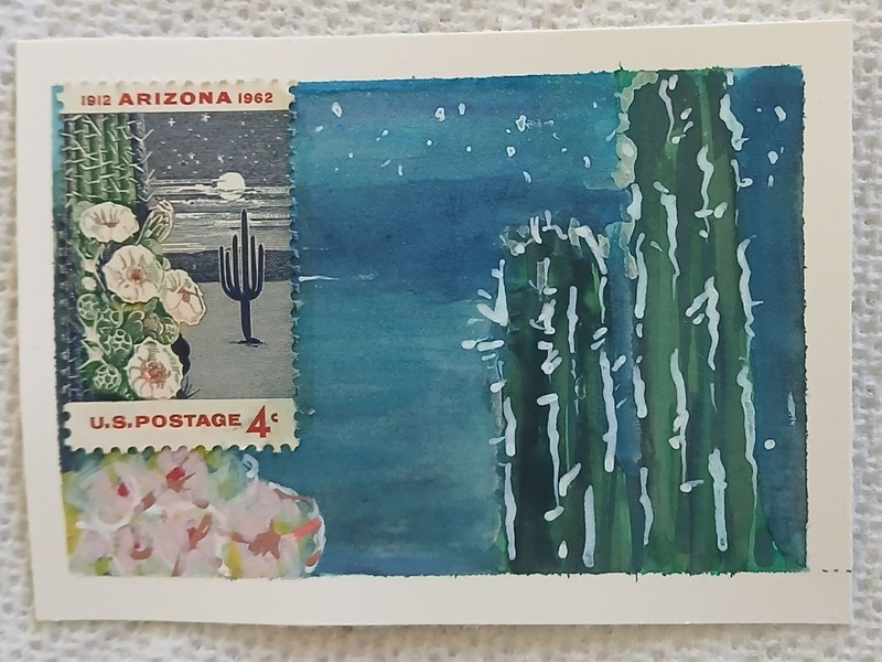 Postal Whimsy — OOAK Arizona 4¢ Statehood ACEO by Virginia — Watercolor & Ink