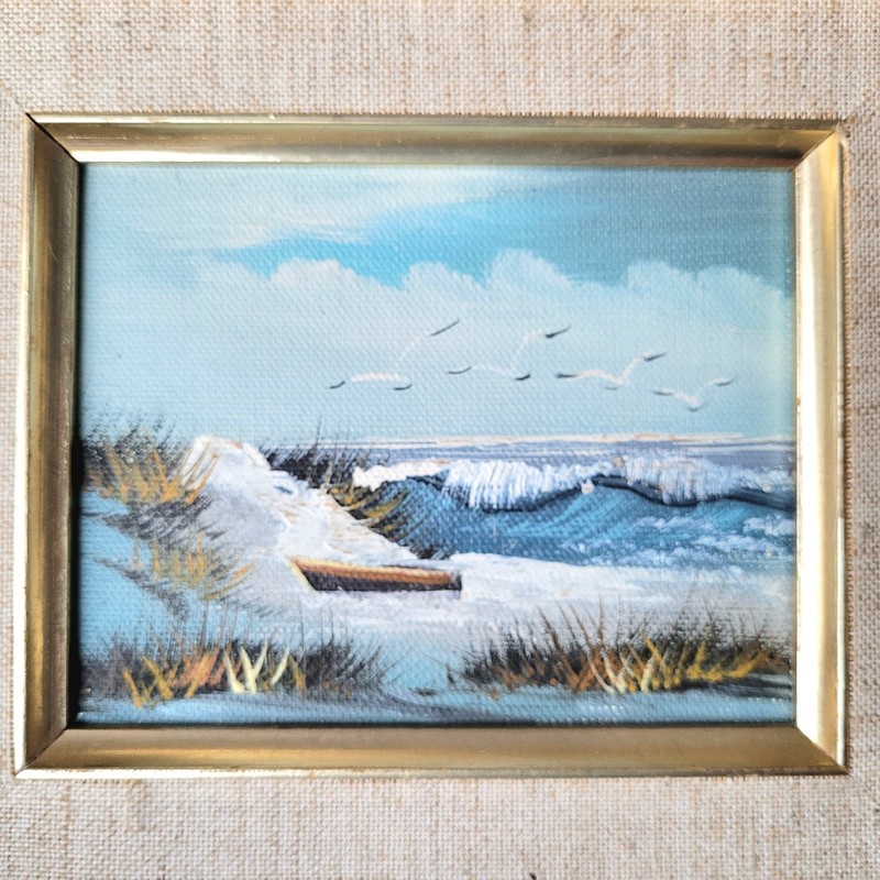 Vtg Seaside Beach Birds Seagull Classy Gold Gild 8x9 Frame Oil Painting gallery