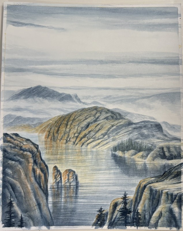 Cloudy Rocky Desert River Scene Contemporary Watercolor Painting Robert Ficarra