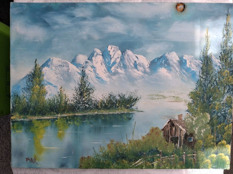 Cabin in the woods oil painting mountain snow peaks on a lake Signed Fink
