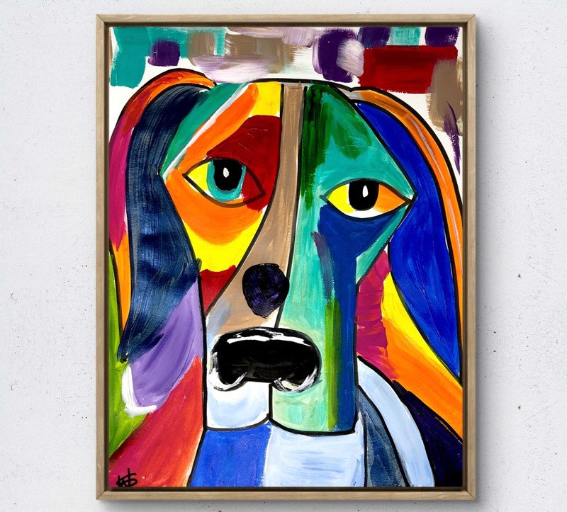 Cubist puppy colorful modern wall art painting 14X11 GALLERY PAPER original