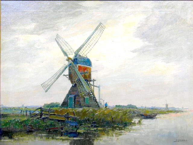 Painting by C. A. Bartels Dutch Seascape with Windmill around 1930