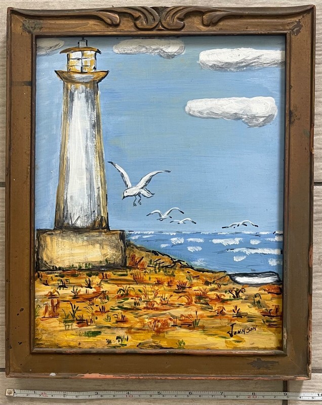 VINTAGE Oil Painting LIGHTHOUSE Nautical MID CENTURY Framed Original & SIGNED