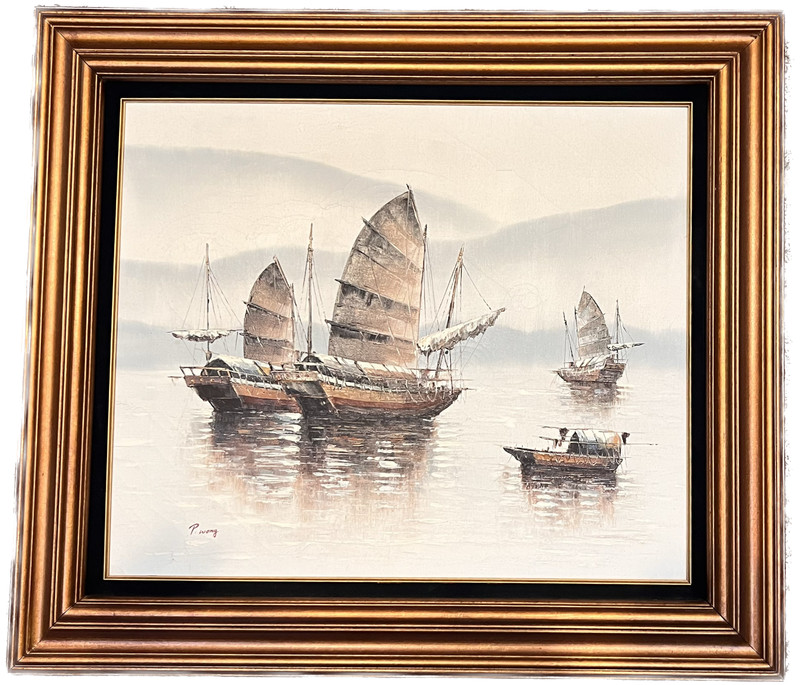 Vintage P. Wong Oil on Canvas Framed Chinese Junk Boat Ship Painting 24″x20″