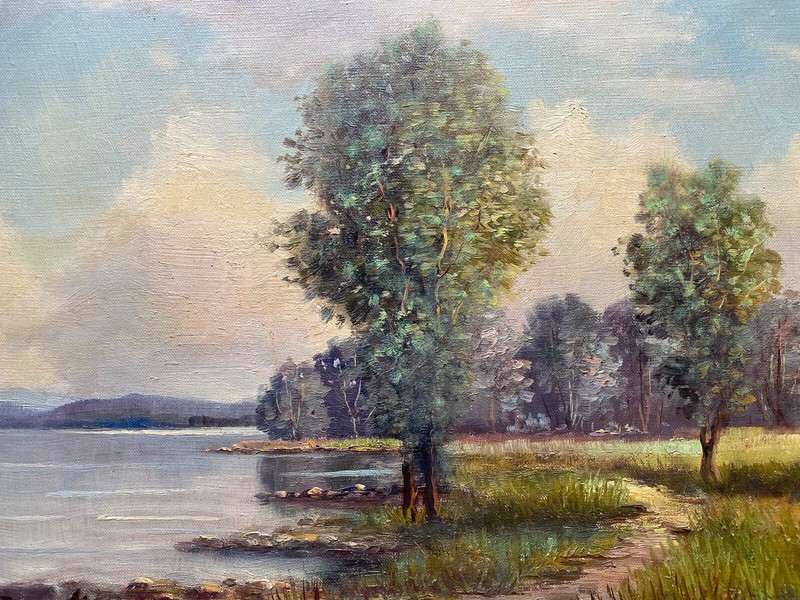 Oil painting by Sign. Kugeli at Grenfensee in Mainz Meadow landscape with trees gallery