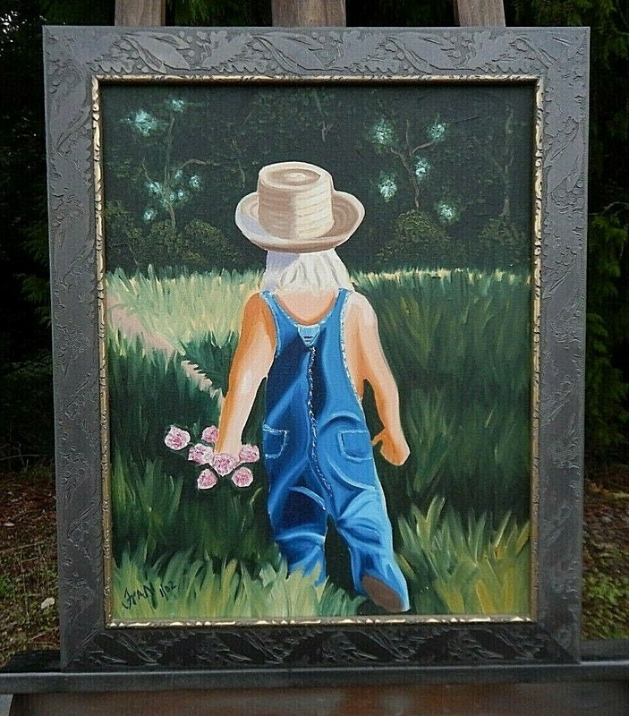 Amish Boy, Carring Wild Flowers. Original painting, Signed, in Mint Condition.