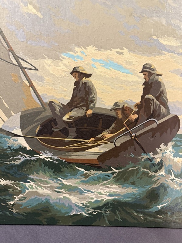 LARGE Vintage Nautical Paint by Number Painting Stormy Fishing Scene gallery