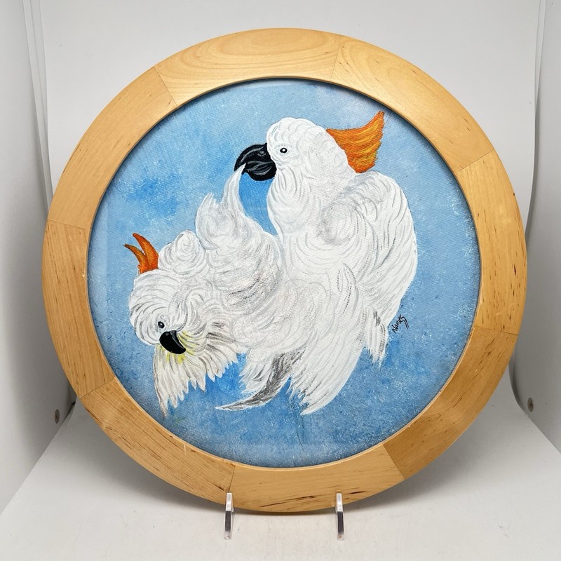Original Painting By Nariss Moluccan Cockatoos Birds 11.5” D Wooden Frame Signed