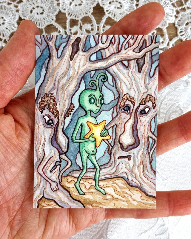 Original ACEO: Whimsical Science Fiction Cartoon, Alien Carrying Star in Forest gallery