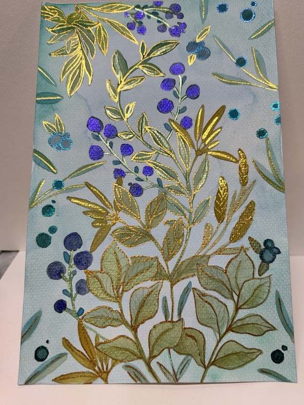 Watercolor Painting Botanical Flowers Leaves Floral Art Shimmer Gold Berries gallery