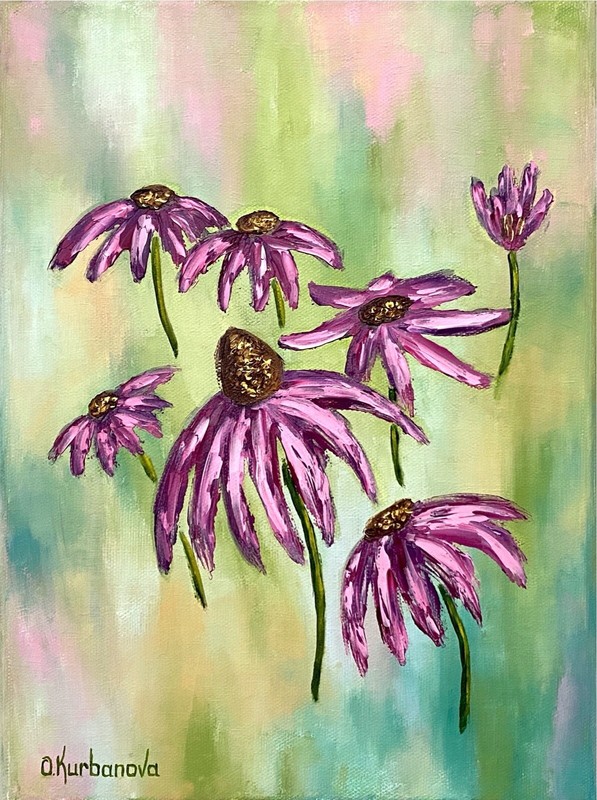 Original Coneflowers Oil Painting Meadow Impasto Pink Daisy Flowers Wall Art