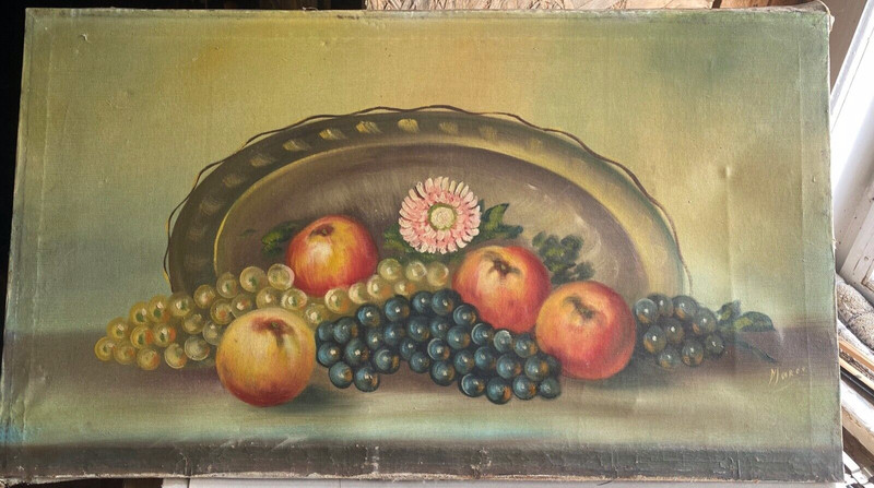 Oil painting still life fruit basket & flower grapes apples