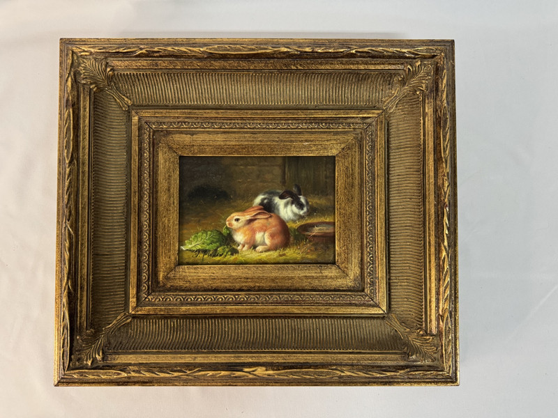 Gilded Framed Signed Medium Sized Oil Painting Bunny Rabbit’s Antique Style chic