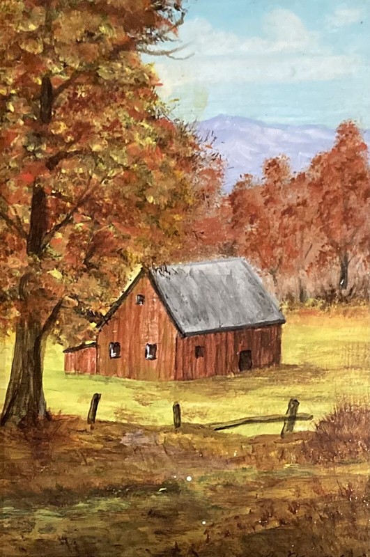 Lacquer Painting Autumn Barn Tree Farm Landscape 8×6 Rustic Fall Tiny Home MCM