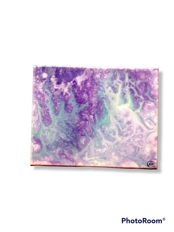 8 in x 10 in Abstract Purple and Blue Flames Acrylic Paint Pour in Canvas
