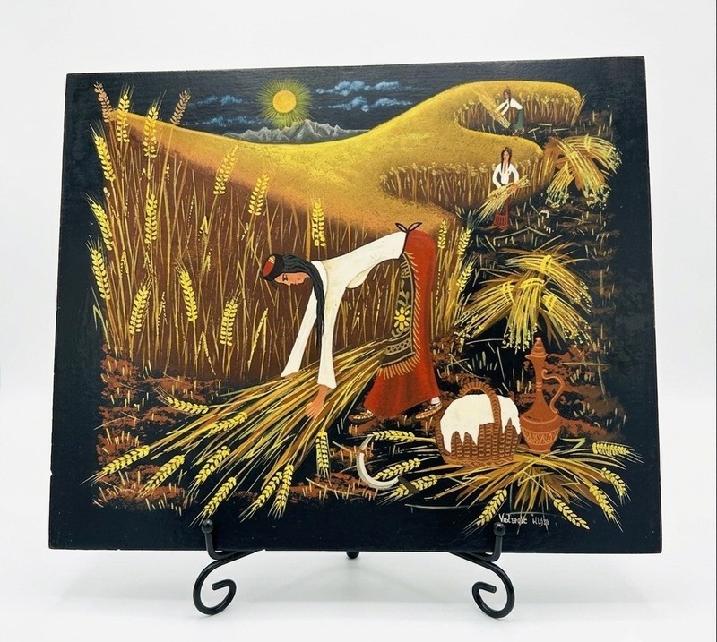 Yugoslav Serbian Naive Folk Art Painting Ilija Vuckovic Wheat Harvest Board