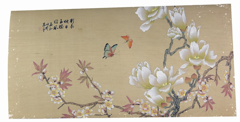 24″ Antique Chinese Watercolor Painting Silk Butterflies And White Magnolias
