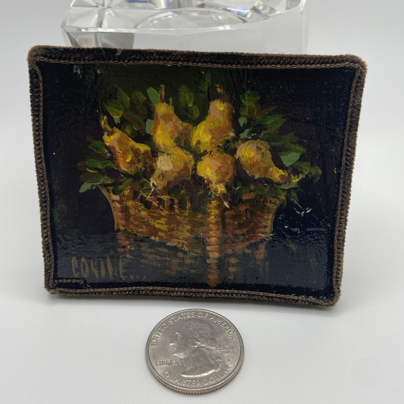 Vintage Mini Pear Still Life – Fruit Basket Miniature Oil Painting -Signed