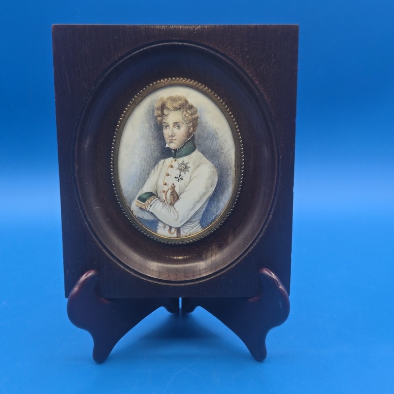 Antique French Miniature Portrait Napoleon II wooden frame Domed Glass c1900