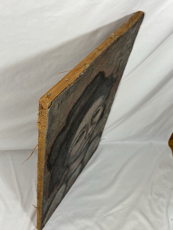Vintage Original Expressionist Portrait Oil Painting on Burlap Man w/ Hat 27x18 gallery