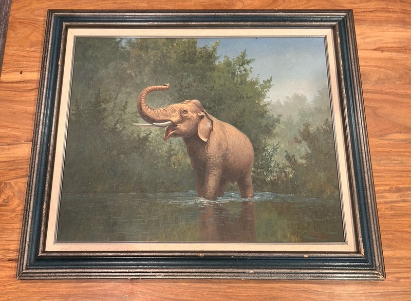 Original Oil on Canvas by Haug Lin 1998 Elephant Painting Framed Wildlife Art