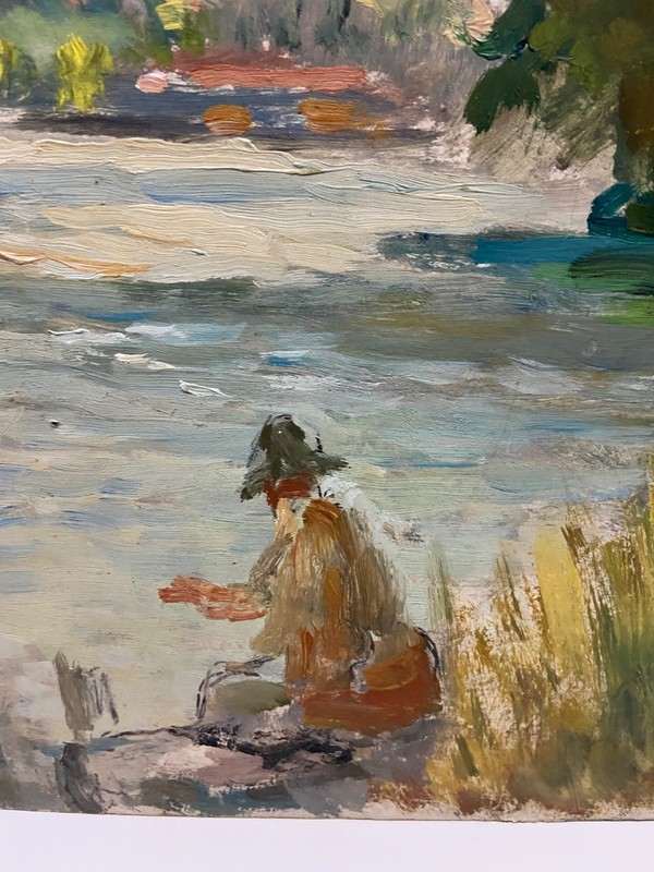 vintage oil on card board man fishing in imptessionist gallery