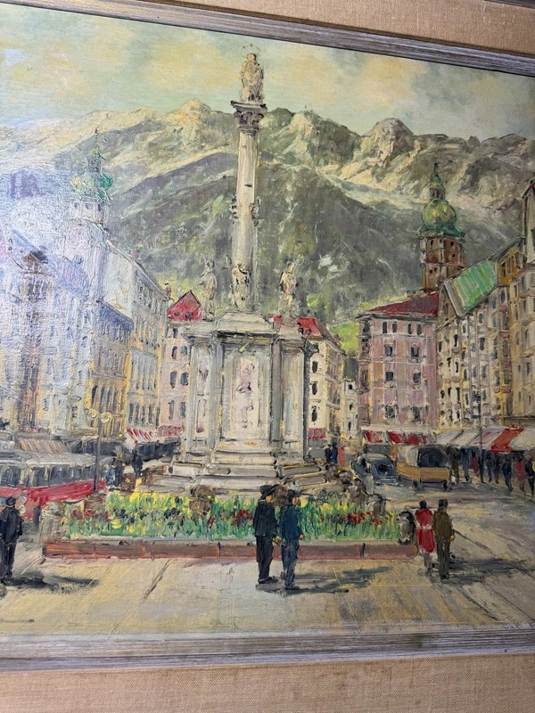 J Tretter "European City Street Scene With Figures" Oil Painting - Signed/Framed gallery