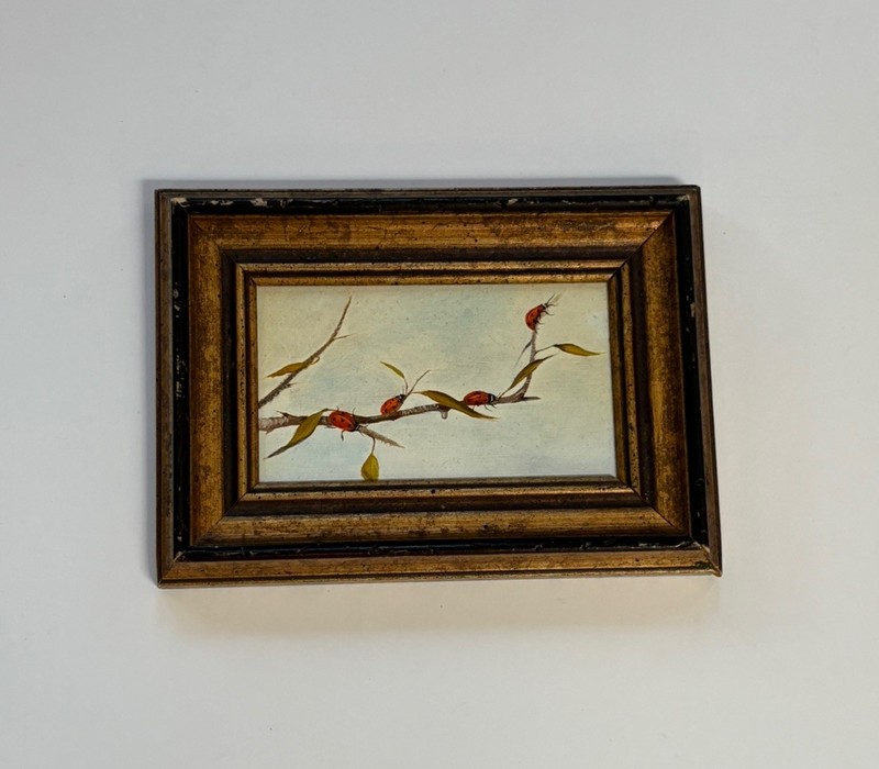 Original Ladybug Painting Small Tree Branch Vintage Nature Insects