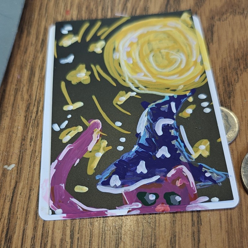 ACEO by Emily Meinert small abstract cat under moon night painting on paper