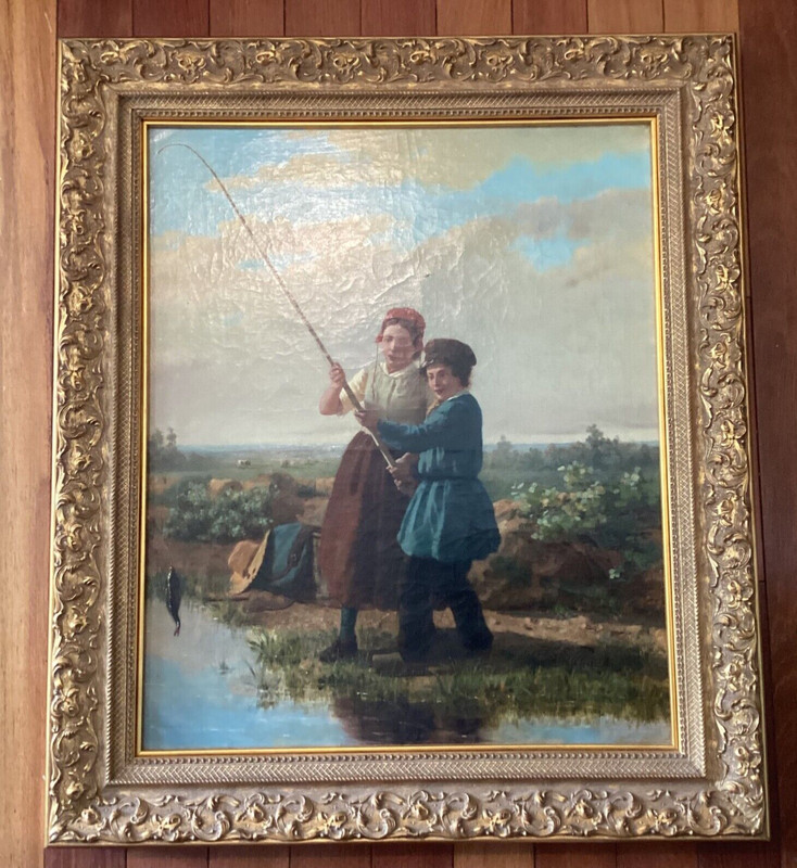 Fine Antique Victorian Oil Painting Boy & Girl Children Fishing Henri van Seben