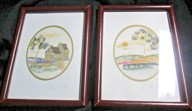 Pair Of Two Small 6 1/2″ X 4 3/4″ Artist Signed Paintings On Silk