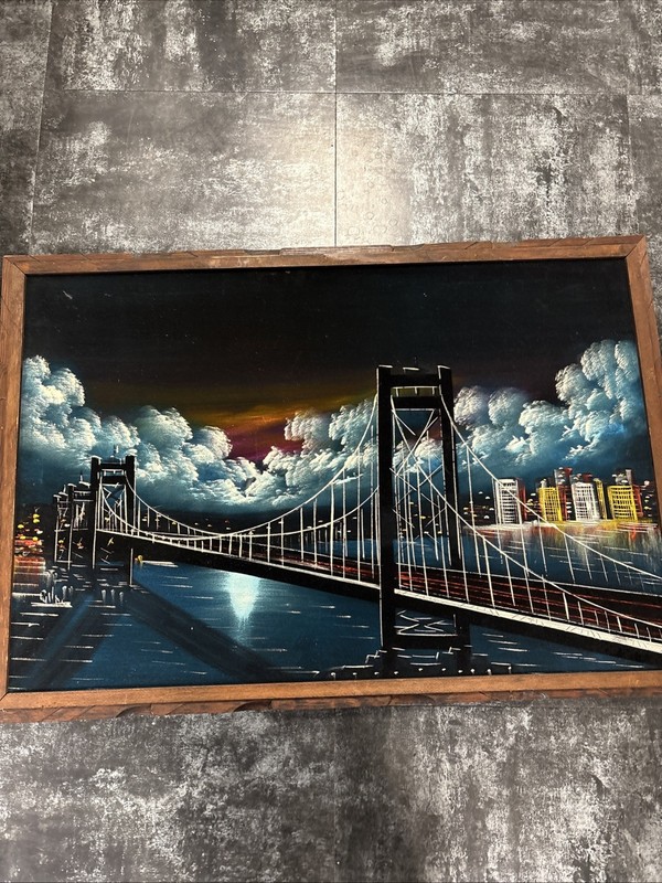 San Francisco Golden Gate bridge vintage black velvet oil painting art 38” x 26”