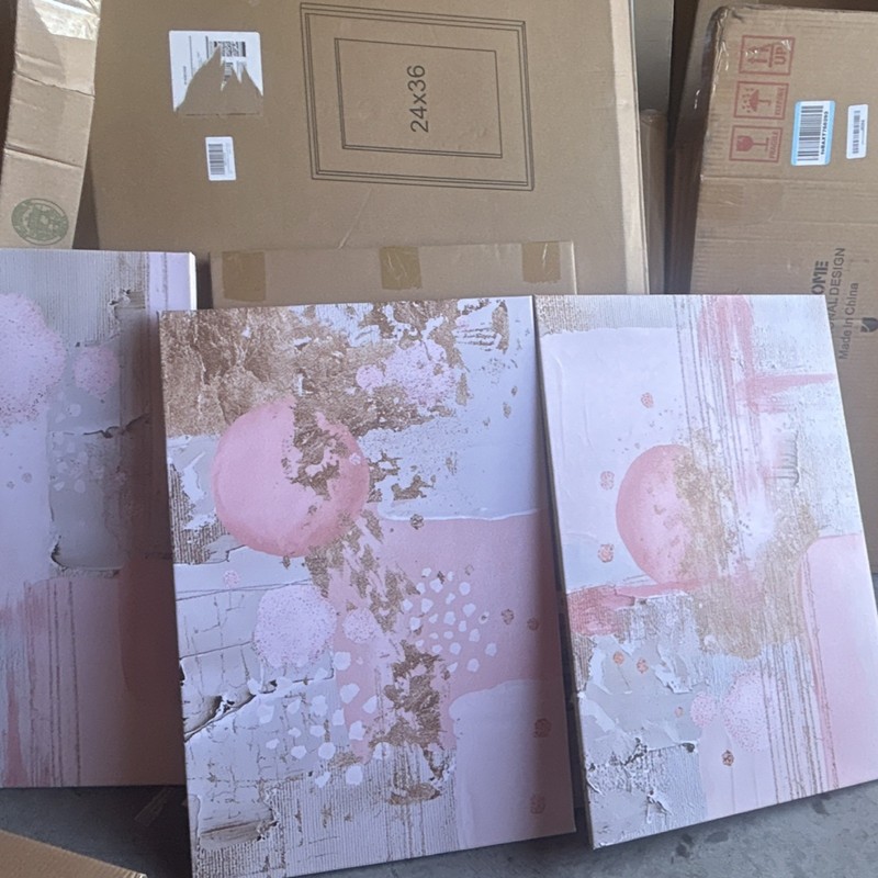 Pink and Gold Abstract Canvas Painting Set, 24x36" Contemporary Art 3 piece gallery