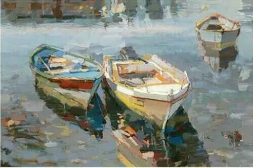 Hand-Painted Oil Painting Boats on Water Harbor Canvas Wall Art MQ1033