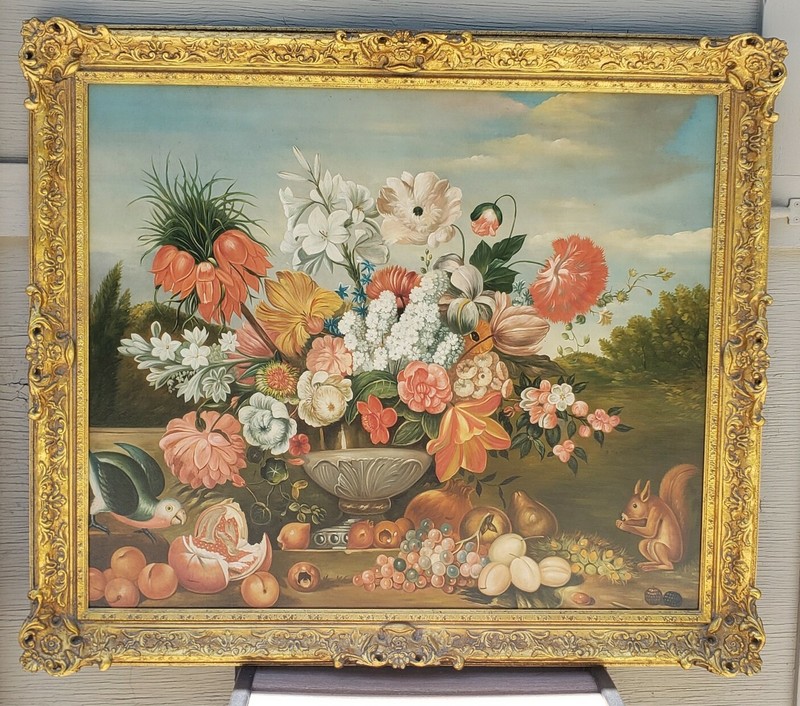 CHELSEA HOUSE FRAMED BOGDANI FLOWERS SQUIRREL OIL AFTER JACOB BOGDANI LARGE