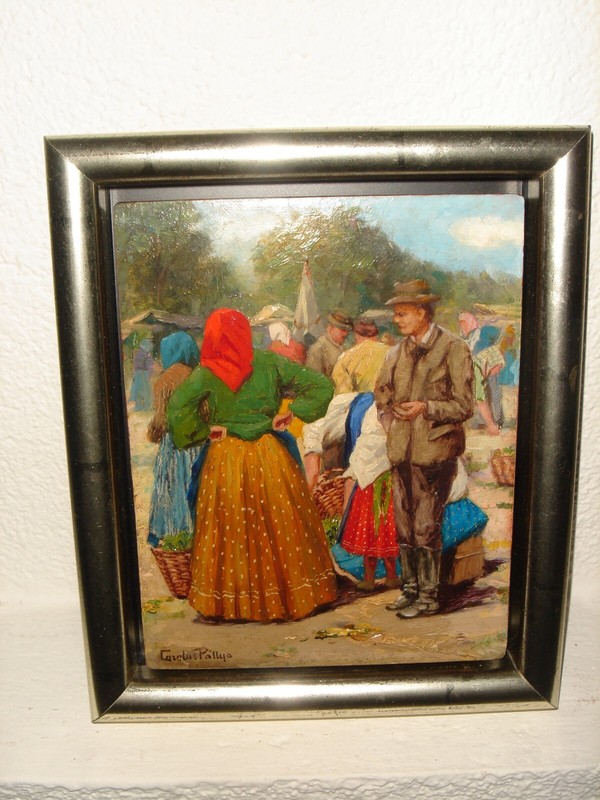 Antique oil painting,{ Pallya Carolus (1875-1948), Village market view }.