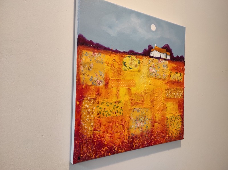 House On Golden Yellow patchwork field, Original acrylic mixed media painting gallery