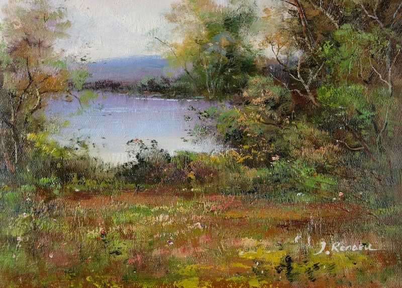 Framed Original Oil Painting, Signed Wall Art, Summer Lake View Landscape gallery