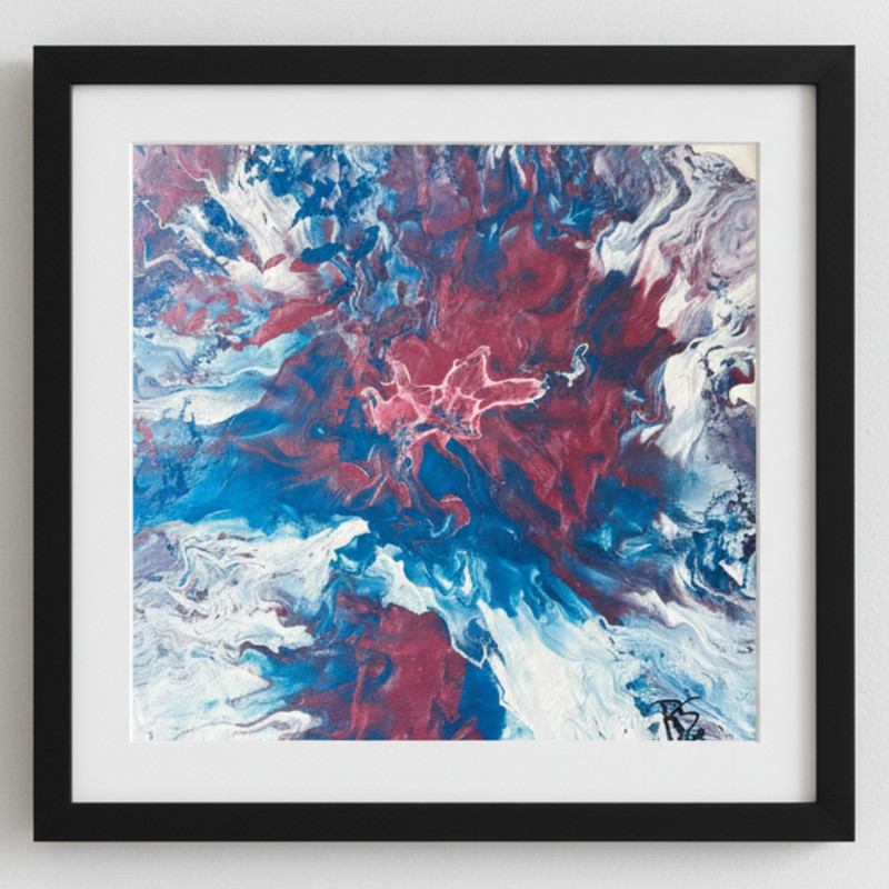 Original Acrylic Pour Painting Blue Dusty Pink White «Exploded» Canvas 12×12