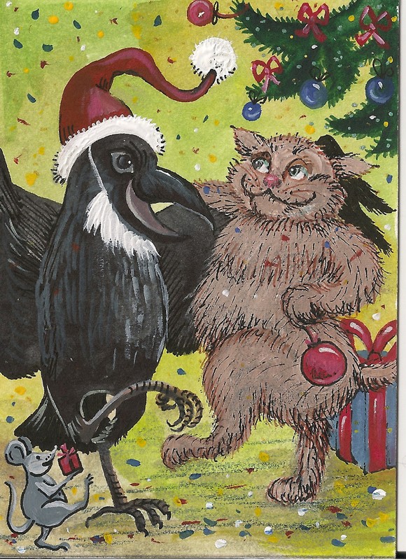 ACEO CROW RYTA PRINT OF PAINTING CHRISTMAS RAVEN TABBY CAT MOUSE RAT FOLK Art 🌲